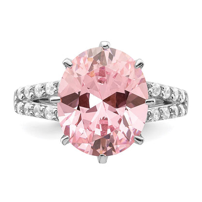 Sterling Silver Rhodium Plated 12X10 Oval Pink & White Cz Ring (Size 8 Only)