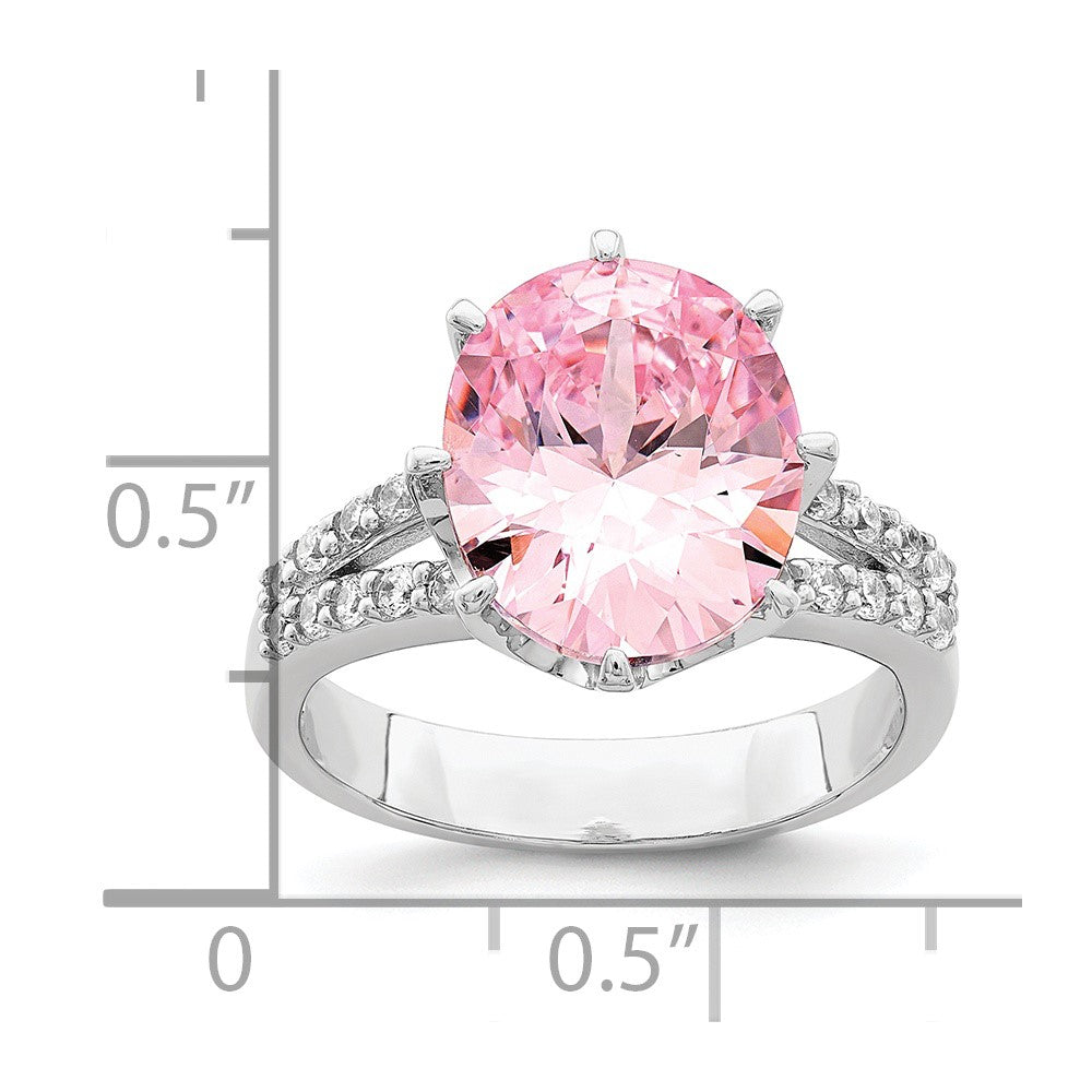 Sterling Silver Rhodium Plated 12X10 Oval Pink & White Cz Ring (Size 8 Only)