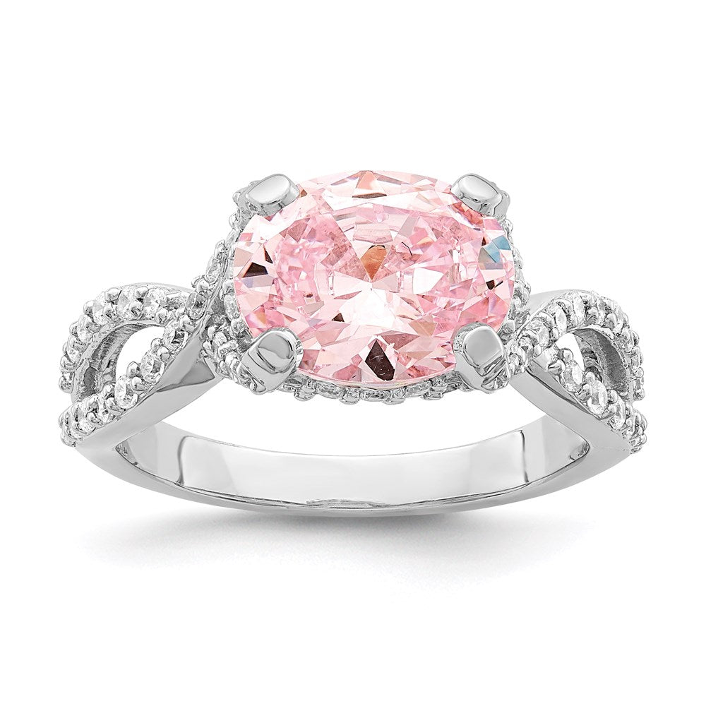 Sterling Silver Rhodium Plated Pink 10X8 Oval Cz Ring (Size 8 Only)