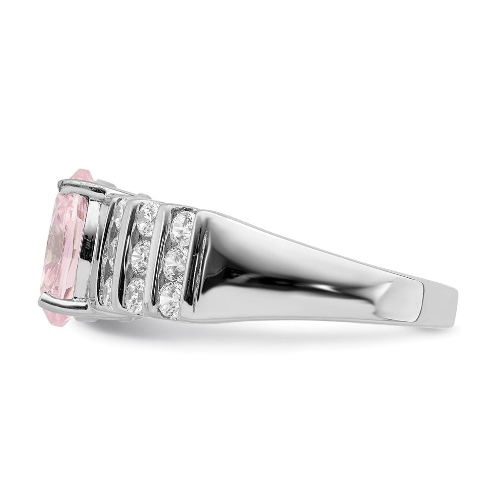 Sterling Silver Rhodium Plated Oval Pink & White Cz Ring