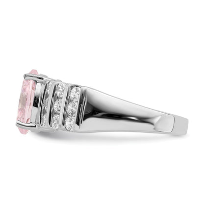 Sterling Silver Rhodium Plated Oval Pink & White Cz Ring