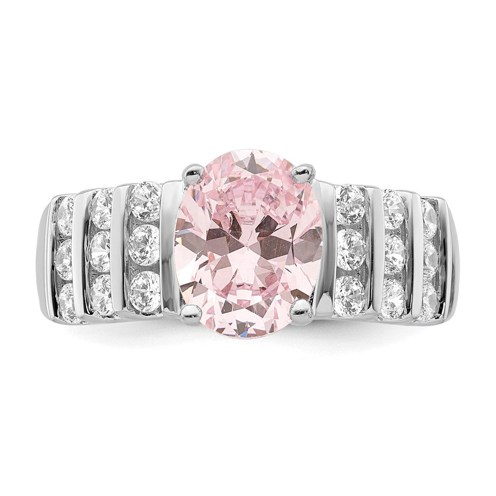 Sterling Silver Rhodium Plated Oval Pink & White Cz Ring