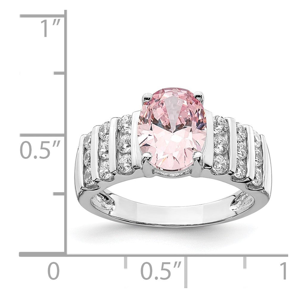 Sterling Silver Rhodium Plated Oval Pink & White Cz Ring