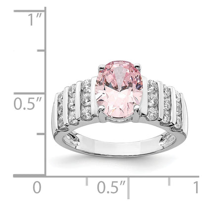 Sterling Silver Rhodium Plated Oval Pink & White Cz Ring
