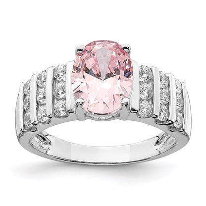 Sterling Silver Rhodium Plated Oval Pink & White Cz Ring