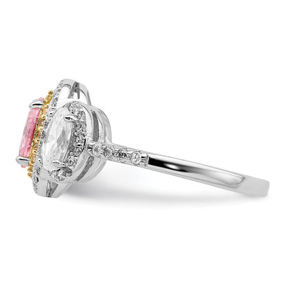 Sterling Silver Rhodium Plated Pink, White, & Yellow Cz Oval Cut Ring