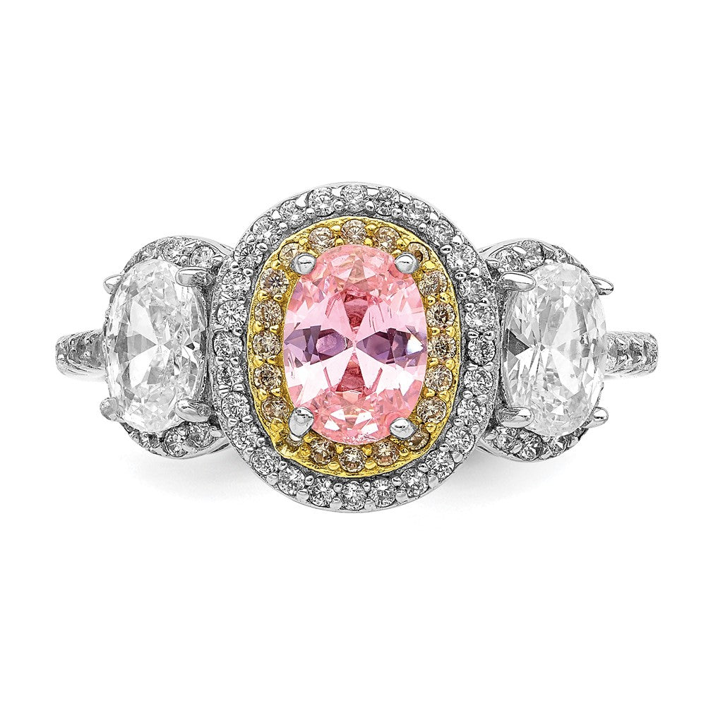 Sterling Silver Rhodium Plated Pink, White, & Yellow Cz Oval Cut Ring