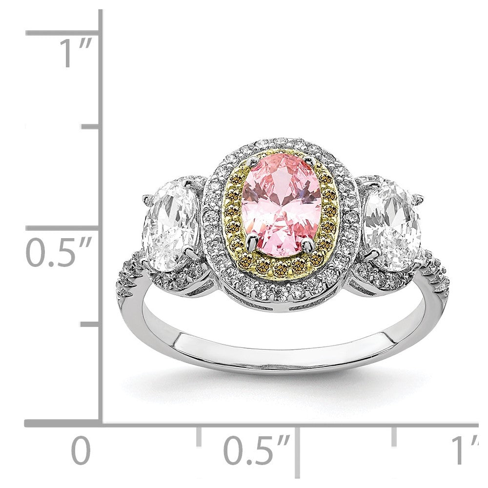 Sterling Silver Rhodium Plated Pink, White, & Yellow Cz Oval Cut Ring