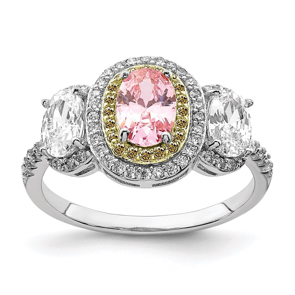 Sterling Silver Rhodium Plated Pink, White, & Yellow Cz Oval Cut Ring