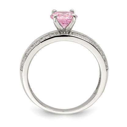 Sterling Silver Rhodium Plated Pink And Clear Cz Ring