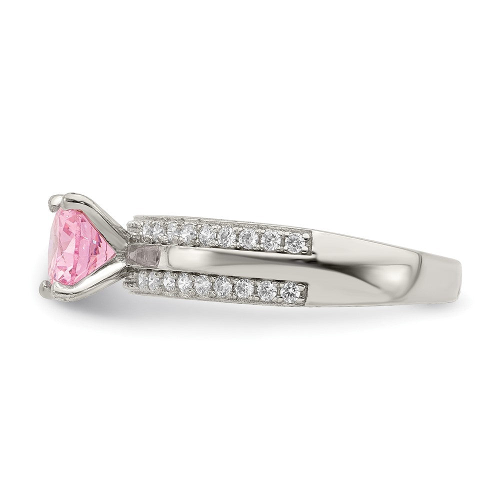 Sterling Silver Rhodium Plated Pink And Clear Cz Ring