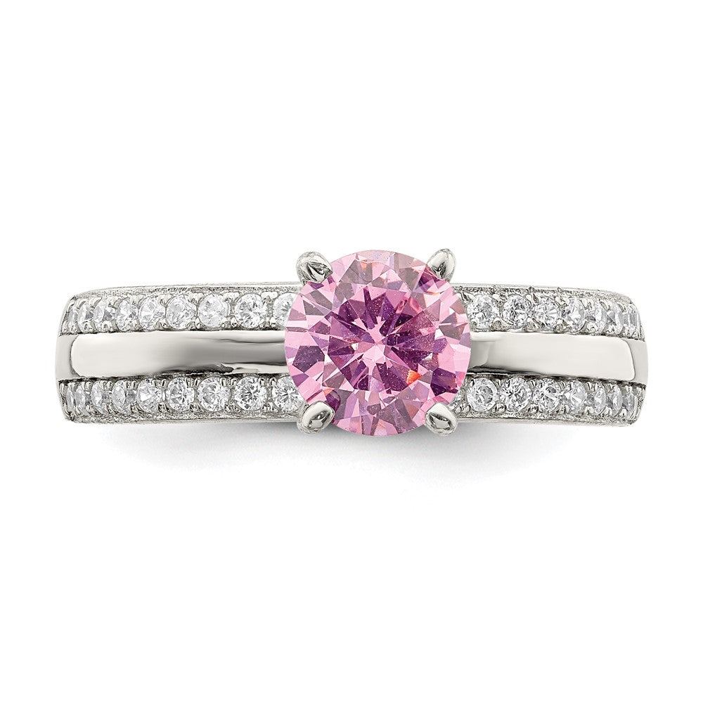 Sterling Silver Rhodium Plated Pink And Clear Cz Ring