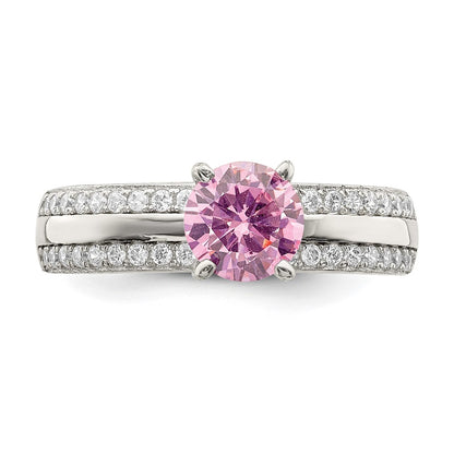 Sterling Silver Rhodium Plated Pink And Clear Cz Ring