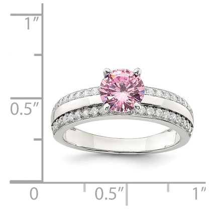 Sterling Silver Rhodium Plated Pink And Clear Cz Ring