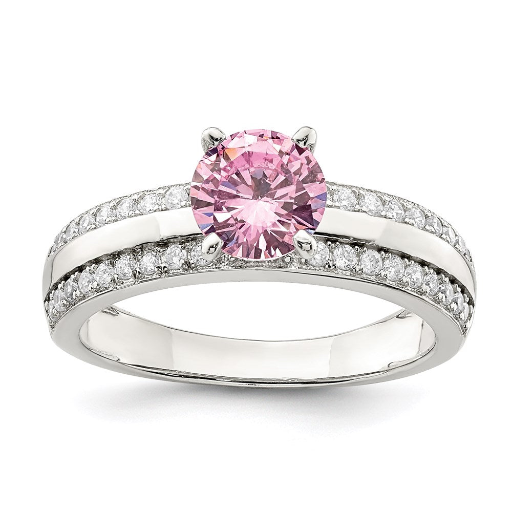 Sterling Silver Rhodium Plated Pink And Clear Cz Ring
