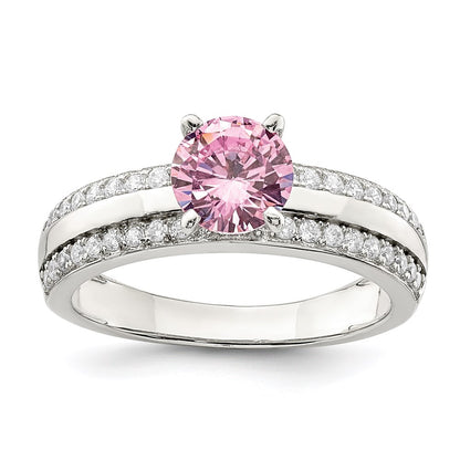 Sterling Silver Rhodium Plated Pink And Clear Cz Ring
