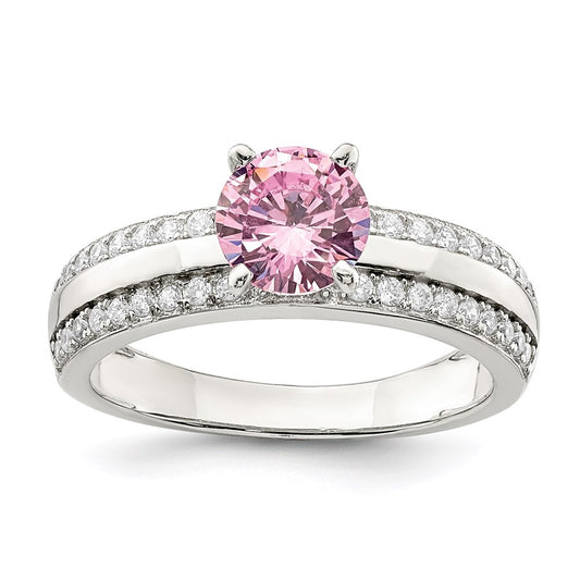 Sterling Silver Rhodium Plated Pink And Clear Cz Ring