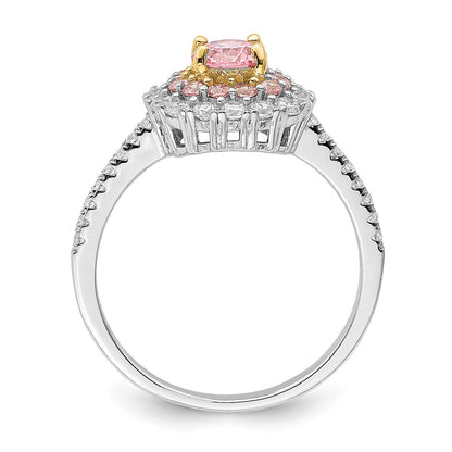Sterling Silver Rhodium Plated/Gold Tone Pink & White Cz R/C Ring