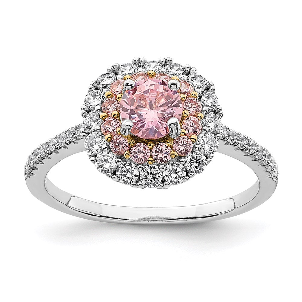 Sterling Silver Rhodium Plated/Gold Tone Pink & White Cz R/C Ring