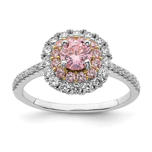 Sterling Silver Rhodium Plated/Gold Tone Pink & White Cz R/C Ring