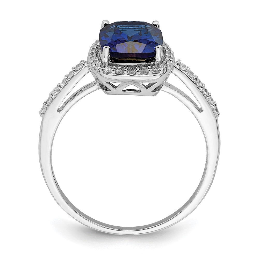 Sterling Silver Rhodium Plated Created Blue Sapphire And Cz Ring