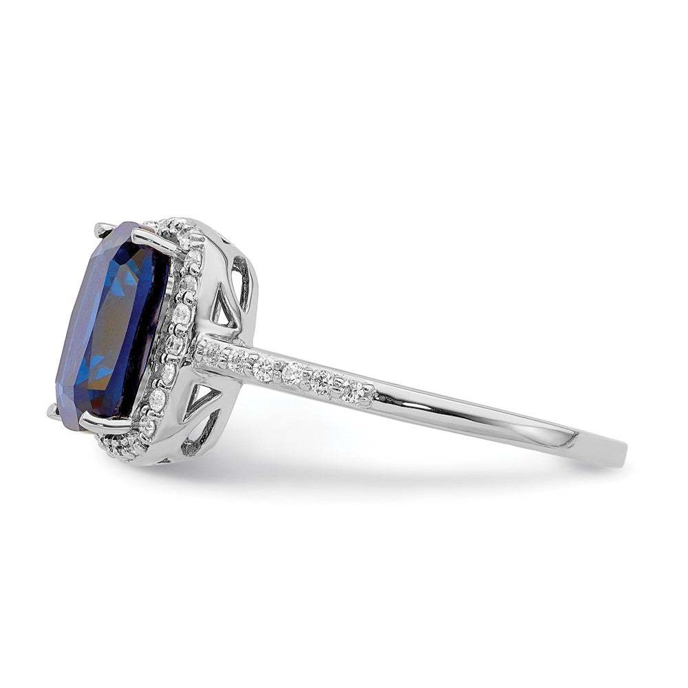 Sterling Silver Rhodium Plated Created Blue Sapphire And Cz Ring