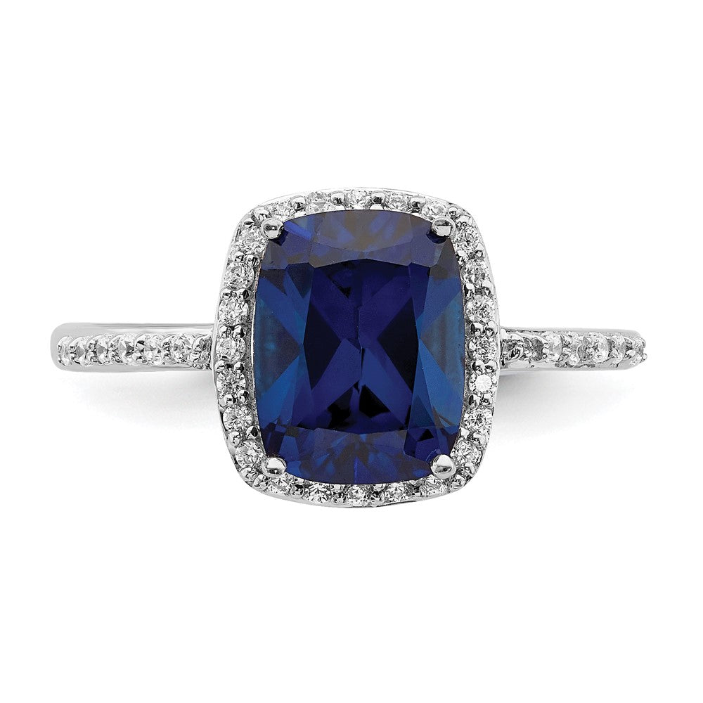 Sterling Silver Rhodium Plated Created Blue Sapphire And Cz Ring