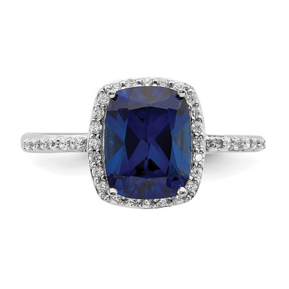 Sterling Silver Rhodium Plated Created Blue Sapphire And Cz Ring