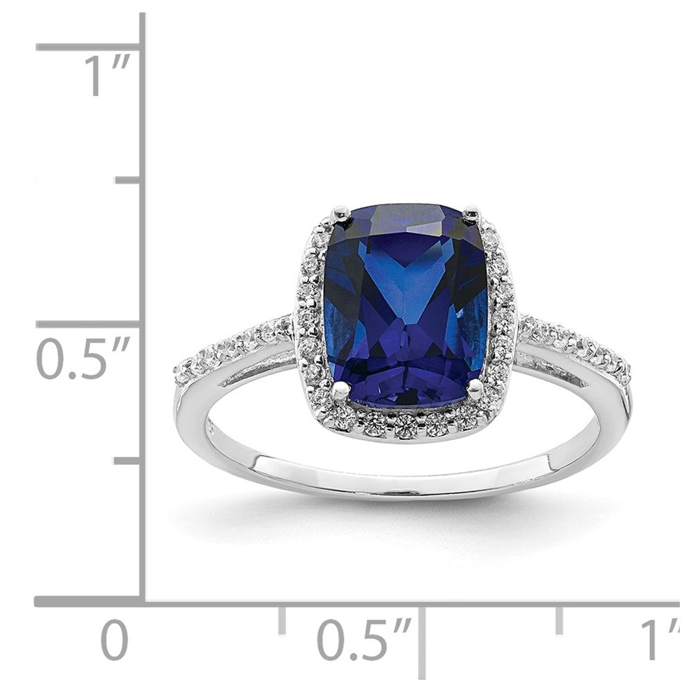 Sterling Silver Rhodium Plated Created Blue Sapphire And Cz Ring