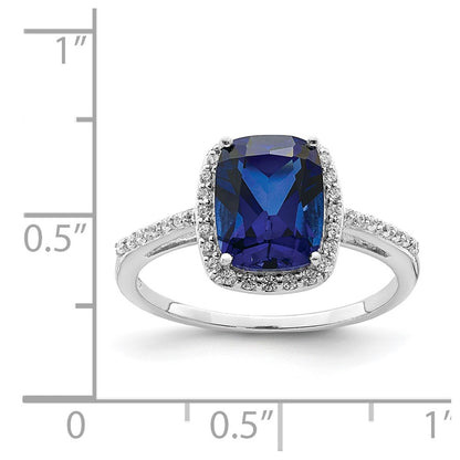 Sterling Silver Rhodium Plated Created Blue Sapphire And Cz Ring