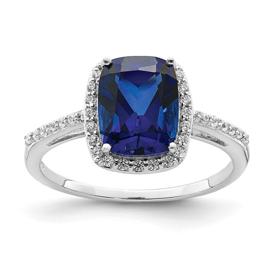 Sterling Silver Rhodium Plated Created Blue Sapphire And Cz Ring