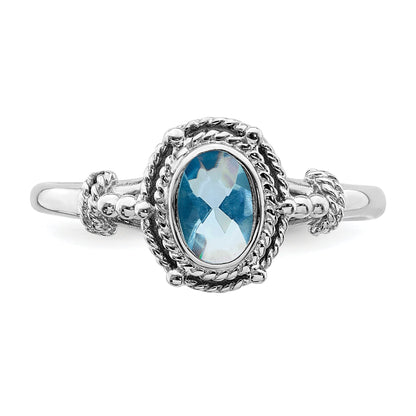 Sterling Silver Rhodium Plated With Blue Oval Cz Stone Ring (Size 6 Only)