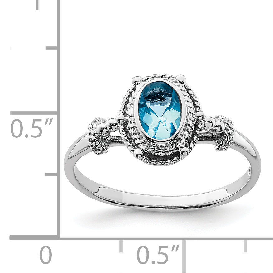 Sterling Silver Rhodium Plated With Blue Oval Cz Stone Ring (Size 6 Only)