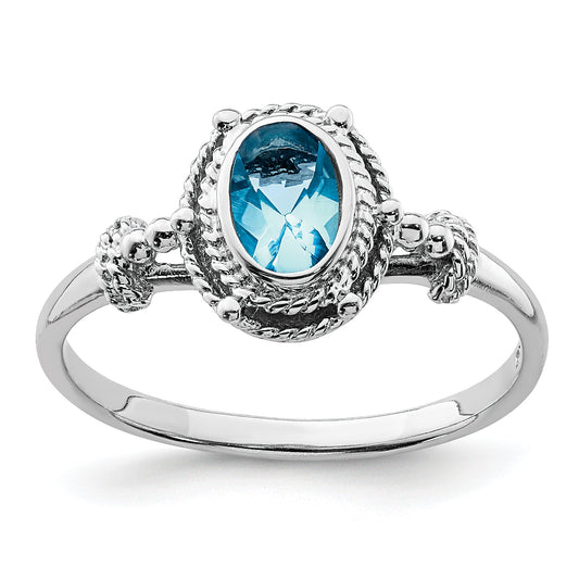 Sterling Silver Rhodium Plated With Blue Oval Cz Stone Ring (Size 6 Only)