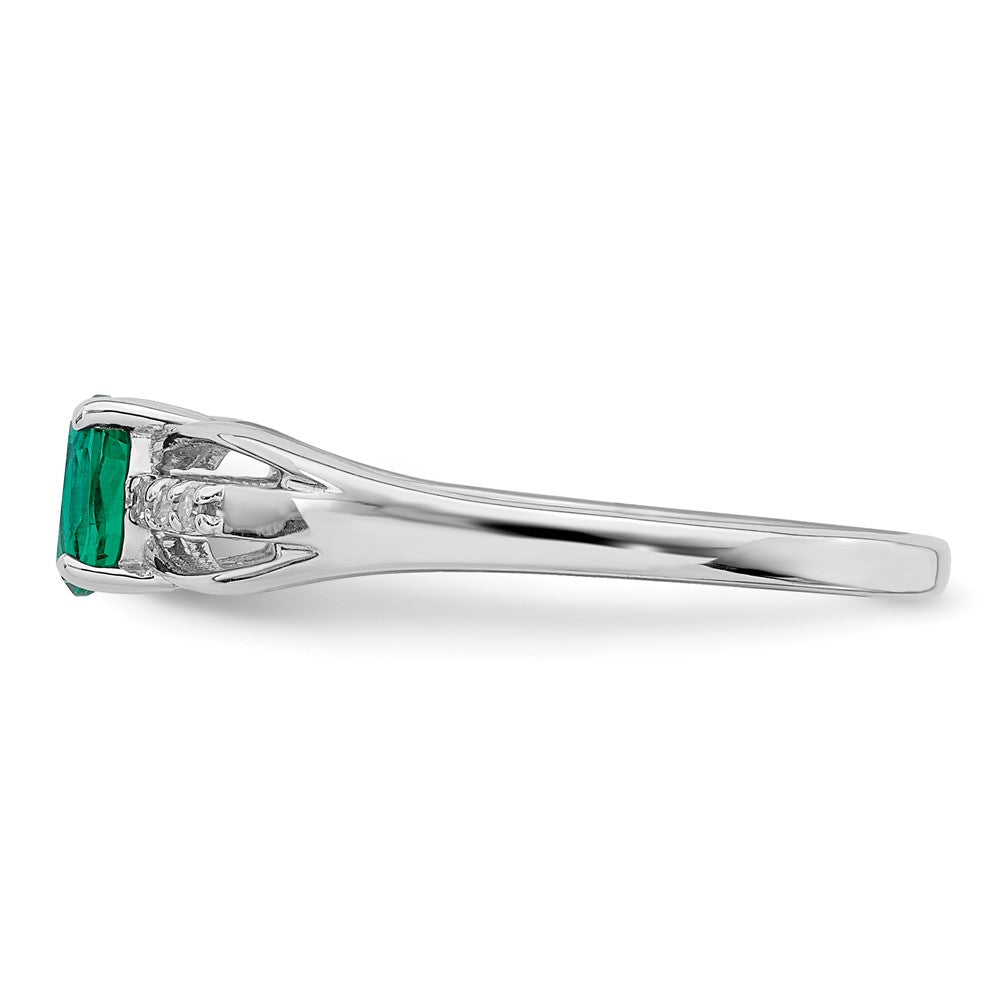 Sterling Silver Rhod Plated Diamond Created Emerald Ring