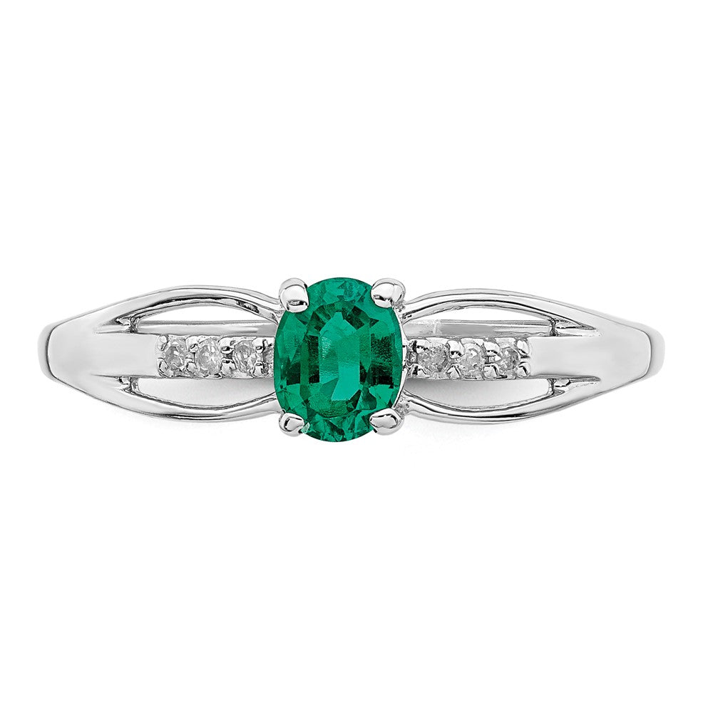 Sterling Silver Rhod Plated Diamond Created Emerald Ring