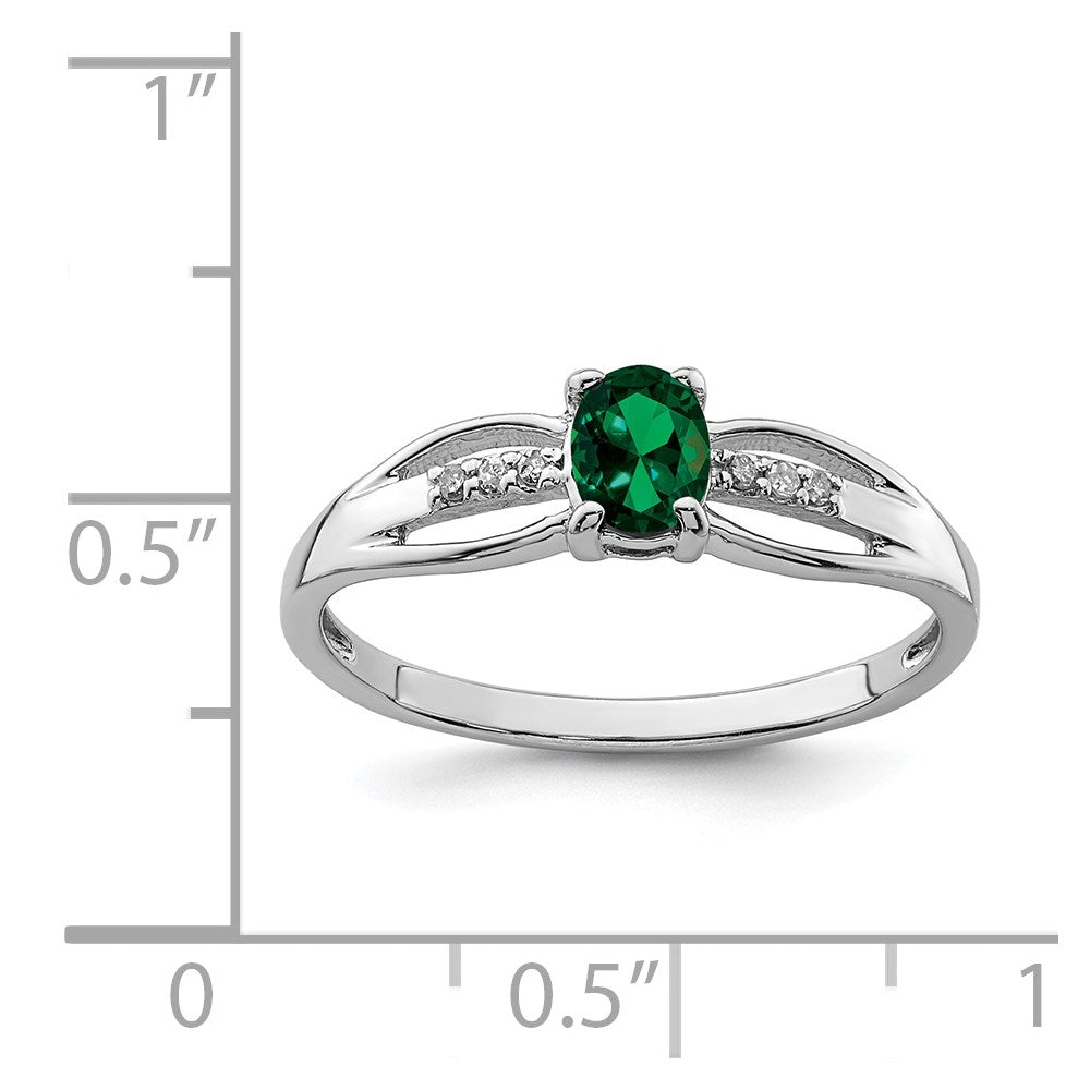 Sterling Silver Rhod Plated Diamond Created Emerald Ring
