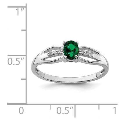 Sterling Silver Rhod Plated Diamond Created Emerald Ring