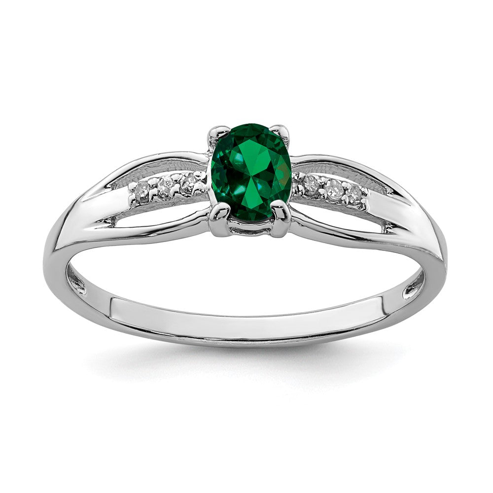 Sterling Silver Rhod Plated Diamond Created Emerald Ring