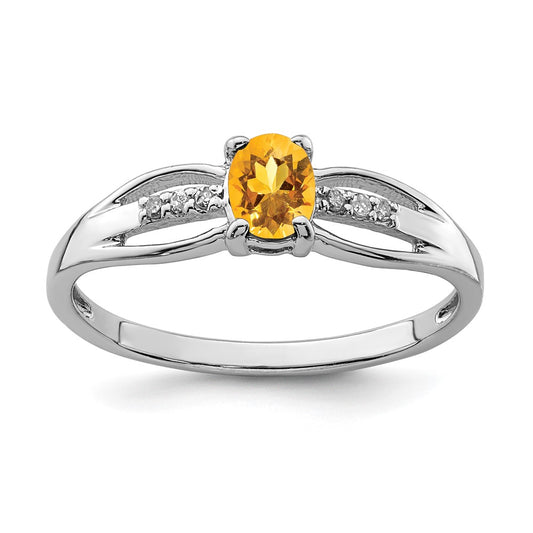 Sterling Silver Rhod Plated Diamond Citrine Ring