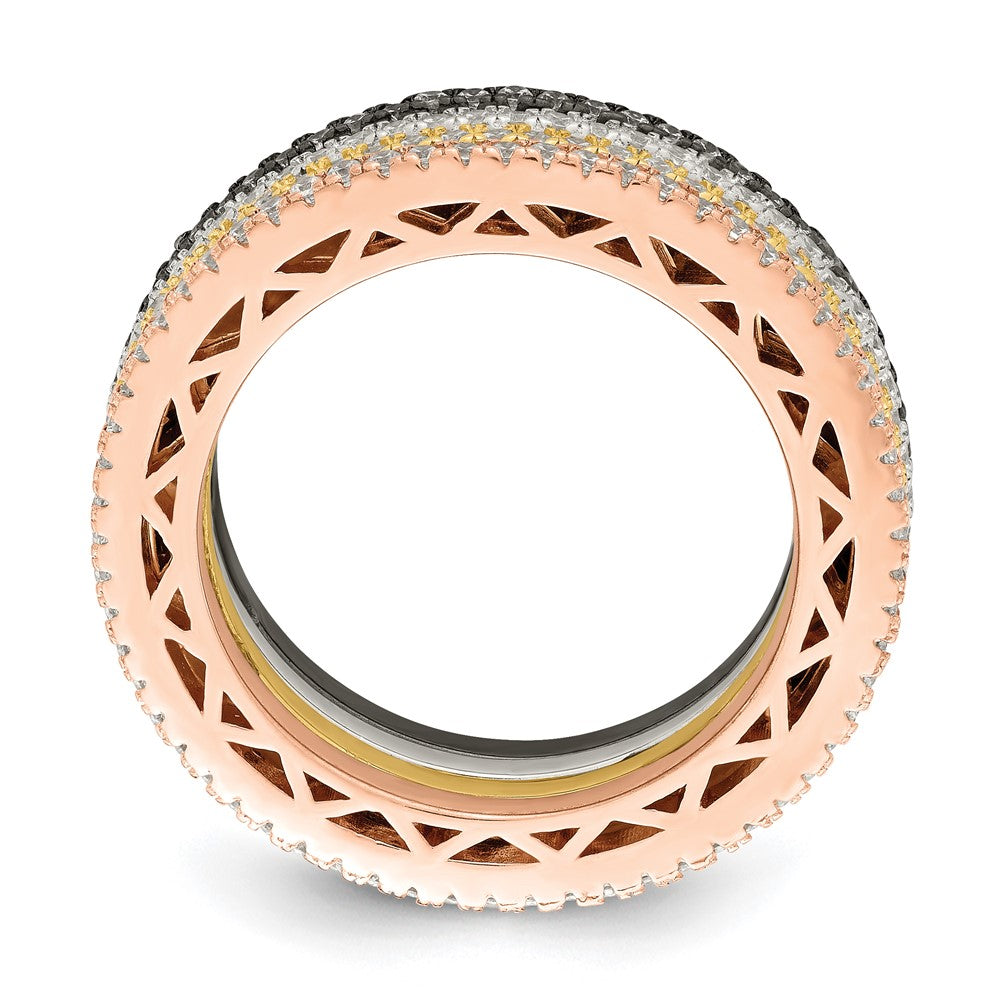 Sterling Silver & Rose, Gold, Black Tone Cz 4 Band Set