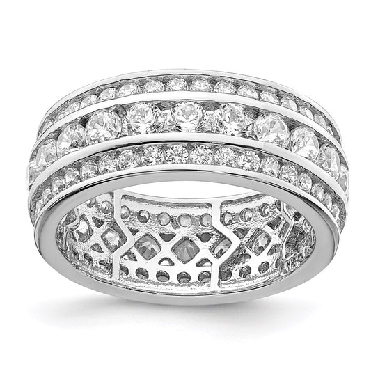 Sterling Silver Rhodium Plated Cz 3 Row Eternity Ring