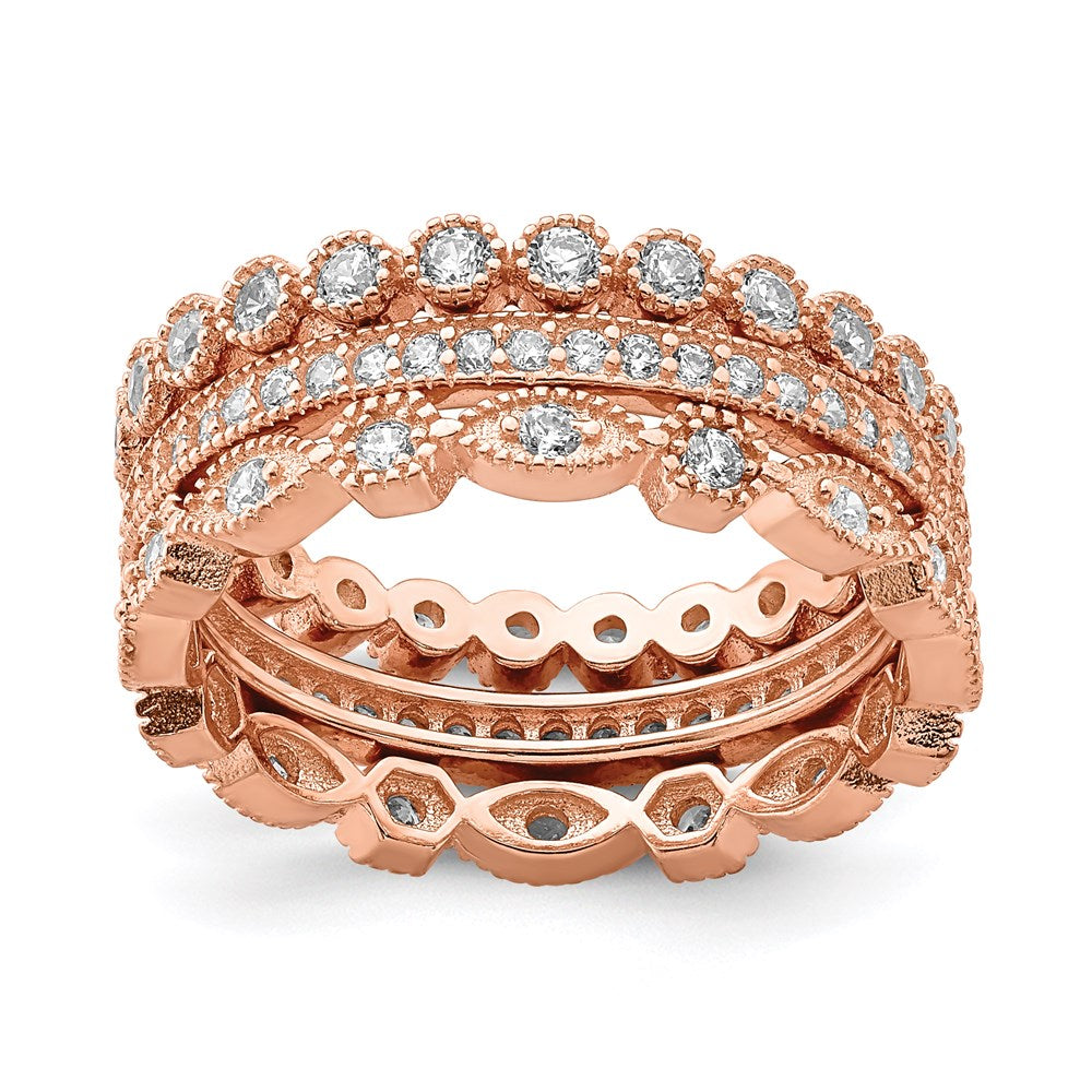 Sterling Silver Rose Tone Cz Set Of 3 Eternity Rings