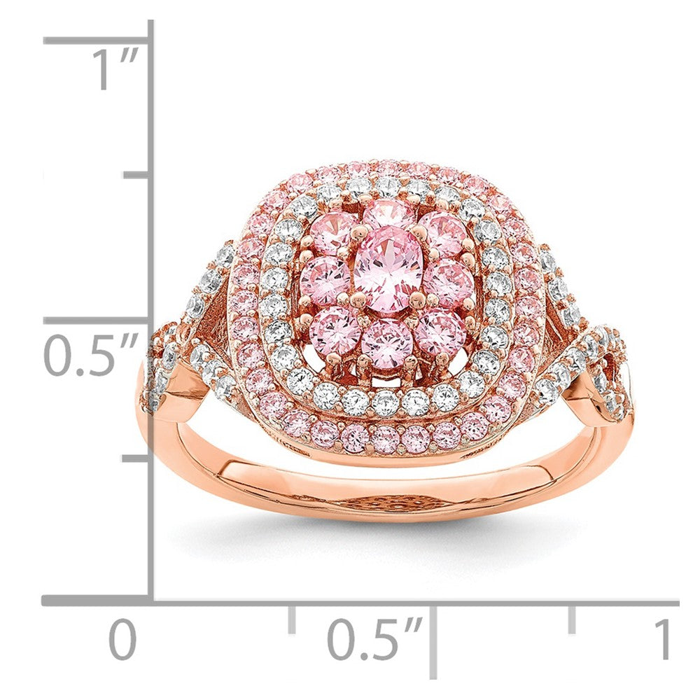 Rose Plated Sterling Silver Pink And White Cz Cushion Ring