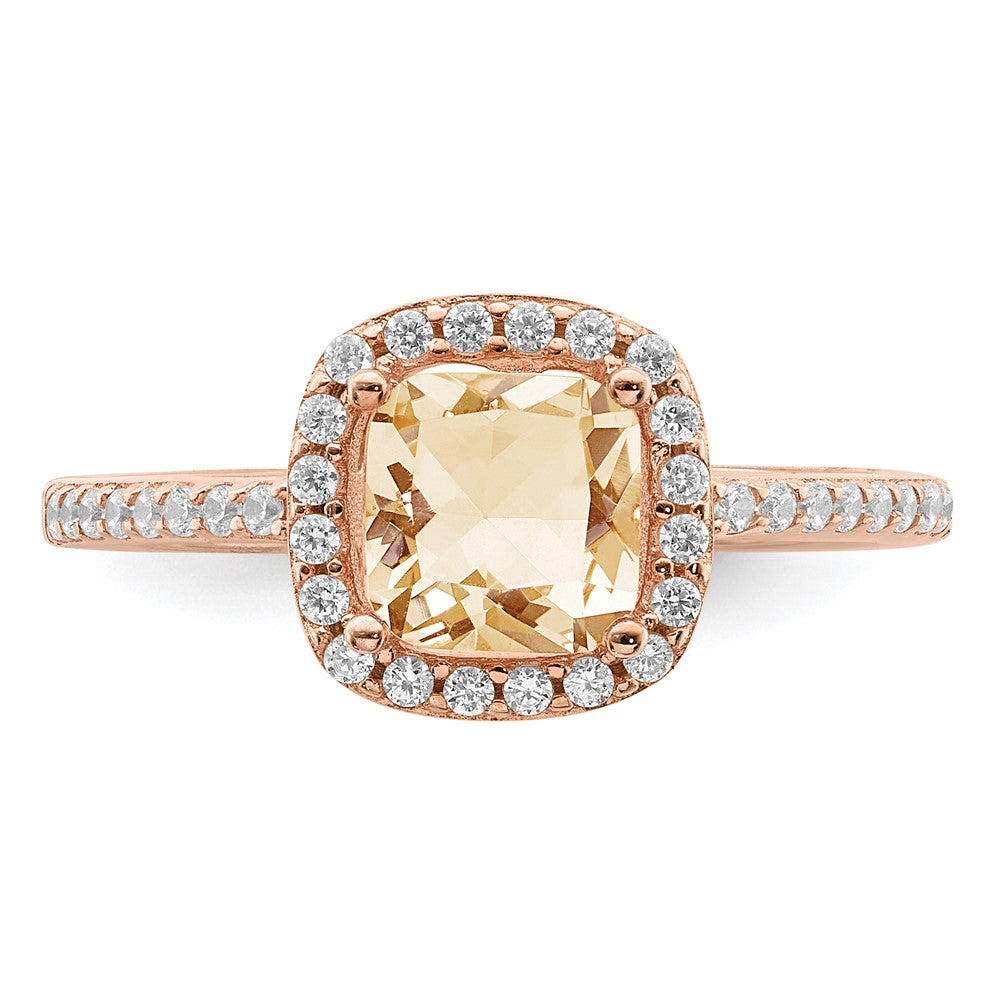 Sterling Silver Rose Tone Square Peach Cz Halo Ring