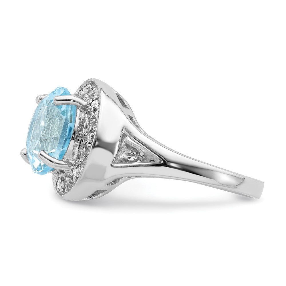 Sterling Silver Rhodium Plated 10mm Round Blue Topaz & Cz Ring