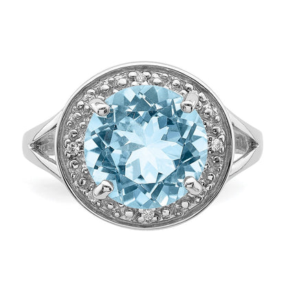 Sterling Silver Rhodium Plated 10mm Round Blue Topaz & Cz Ring