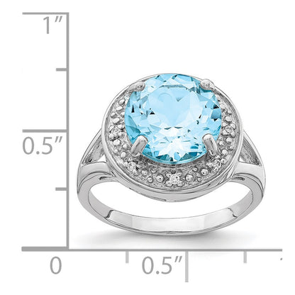 Sterling Silver Rhodium Plated 10mm Round Blue Topaz & Cz Ring