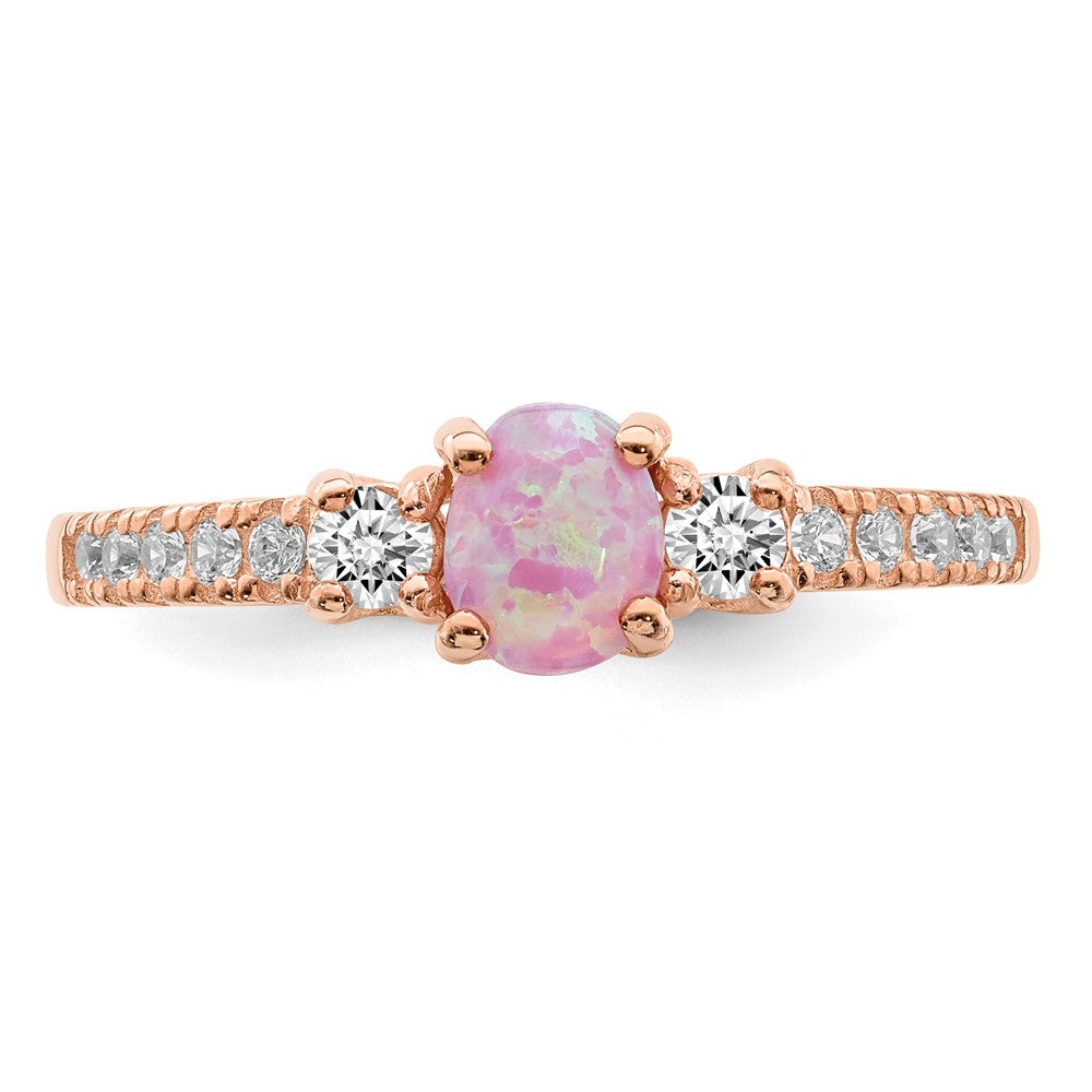 Sterling Silver Rose Tone Created Pink Opal And Cz Ring