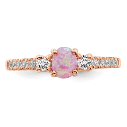 Sterling Silver Rose Tone Created Pink Opal And Cz Ring